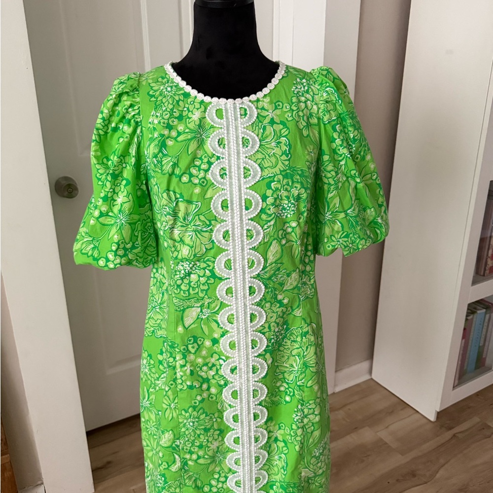 Lilly Pulitzer Bright Green Floral Dress with Lace Detail